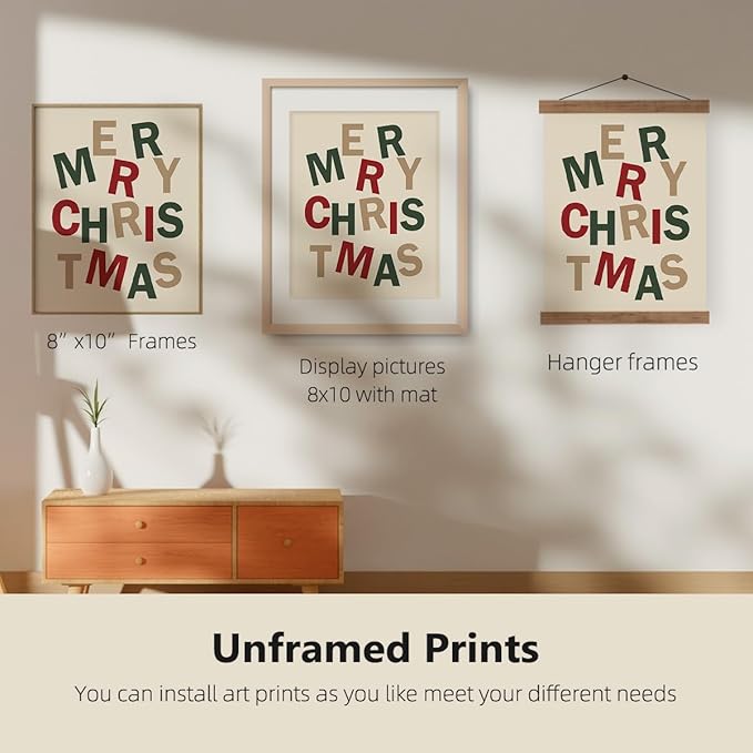 ETVISO Christmas Decor, Merry Christmas Wall Art Prints Set of 4, Retro Vintage Xmas Poster, Funny Winter Holidays Gift Print Decor for Gallery Living Room Bathroom, 8x10 (Unframed)