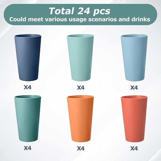 24 Pcs Unbreakable Plastic Cups Set, 20 oz Reusable Plastic Cups, Stackable Water Tumblers, Drinking Cup for Kitchen, Outdoor, BPA-free, Dishwasher Refrigerator and Microwave Safe (20 oz, 6 Colors)