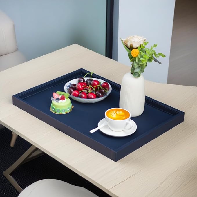 20x14 Inch Rectangular Ottoman Tray | Textured PU Leather, Waterproof & Heat-Resistant Storage for Coffee/Dining Tables, Sofa, Bed, Entertainment & Party (Navy Blue, 20 * 14in)