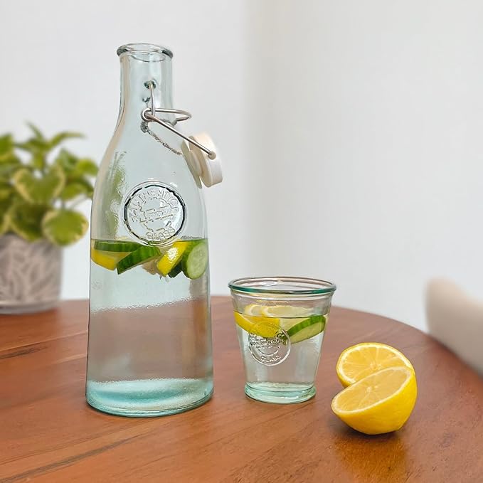 Small Drinking Glasses 8 Oz, Made Of 100% Recycled Glass Drinking Glasses Set Of 6, Authentic Embossed Old Fashioned Glasses, Ideal for Water, Milk, Juice, Espressos, Made In Spain.