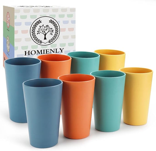 Homienly Wheat Straw Cups Plastic Cups Unbreakable Drinking Cup Reusable Dishwasher Safe Water Glasses Plastic Stackable Water Tumblers in Multi color(20 OZ 8 PCS)