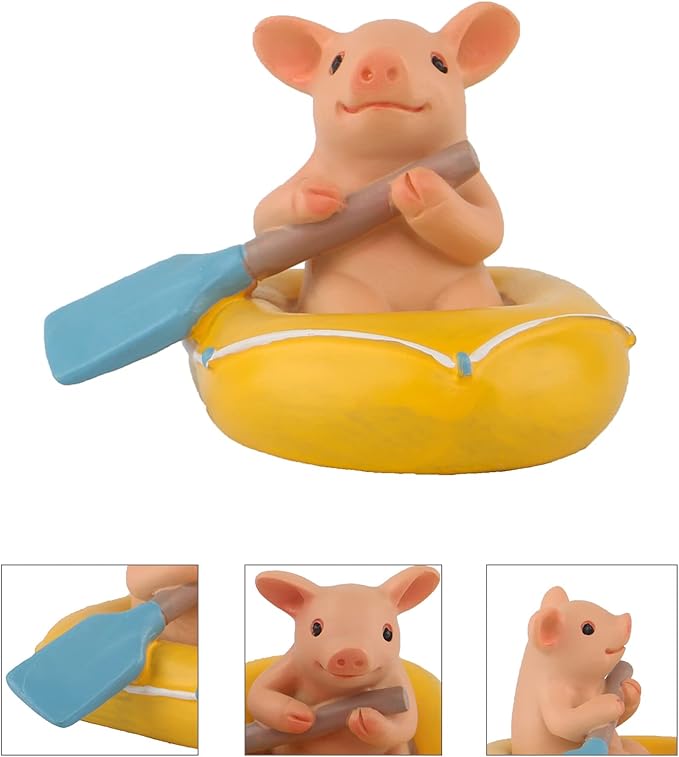Mini Pig Figurine, Resin Home Decor, Lucky Animal Garden Statue for Micro Landscape (Pig Goes Kayaking)