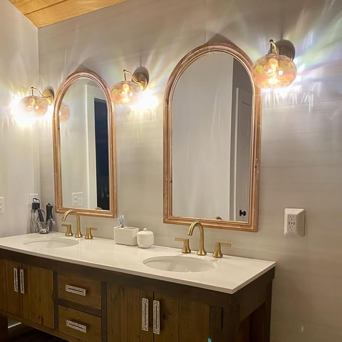 Gold Wall Sconce Light Amber Hammered Glass Vanity Lighting Brushed Brass Champagne Wall Lamp for Bathroom Over Mirror