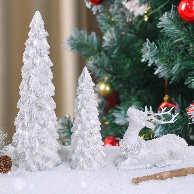 3 Pack Christmas Trees and Reindeer Figurines Decoration- 2 Glittered Christmas Tree Statues and 1 Deer Vintage Christmas Decor Set, Resin Ornaments Tabletop Shelf Office Display Stand Indoor(Silver)