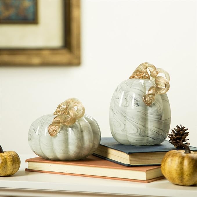 Glitzhome Hand Blown Glass Pumpkin Table Accent for Fall Harvest Thanksgiving Halloween Decorations Gray Marble 5.71" H
