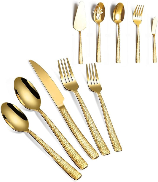 45-Piece Silverware Set with Serving Utensils Set, Gold Hammered Stainless Steel Flatware for 8, Food-Grade Tableware, Including Fork, Knife, Spoon Set, Home Kitchen Cutlery, Dishwasher Safe