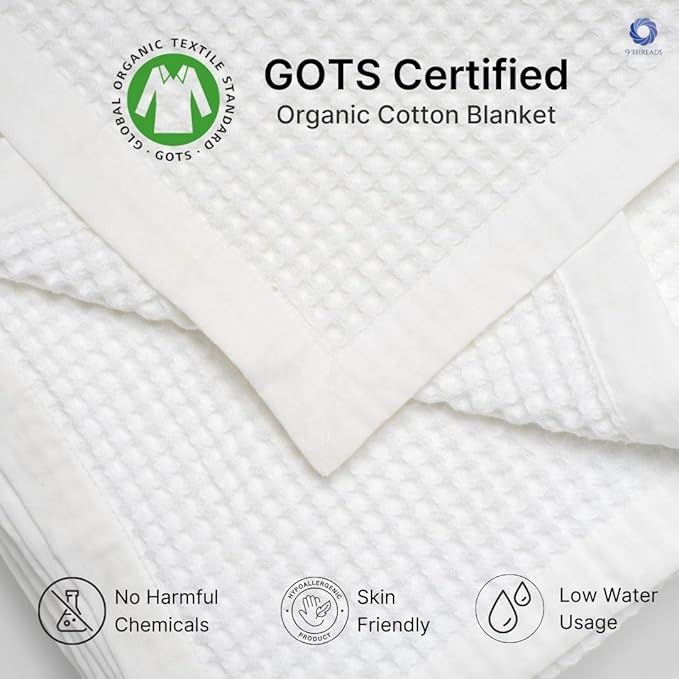GOTS Certified Organic Cotton Waffle Weave Blanket, Queen Bed Size, 90"X90"Cozy Throw Blanket for Couch, Modern Home Decor, Throw Blankets, Comfy Waffle Blanket & Soft Bed Blankets -White