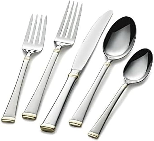 Mikasa Gold Accent Harmony Flatware Set for 12, 65 Piece 18/10 Stainless Steel Silverware with Gold-Trimmed Handles and Serving Utensils, Elegant Dinnerware Service