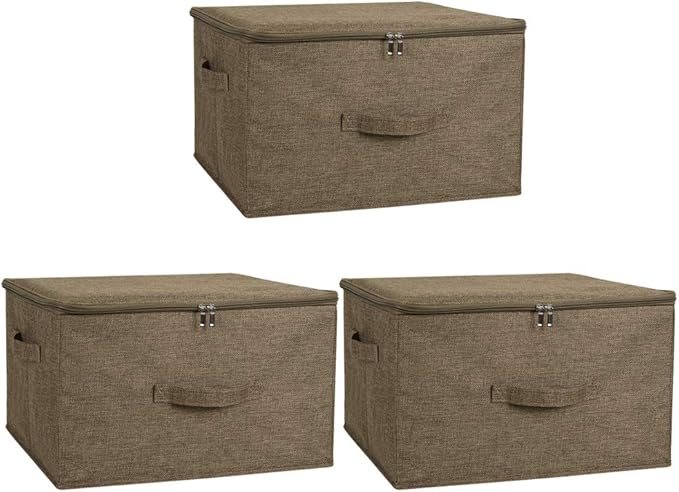 ANMINY 3PCS Storage Bins with Zipper Lids 51.9 Qt Lidded Fabric Storage Boxes Baskets Cubes with Handles Collapsible Washable Cotton Linen Closet Shelf Clothes Organizer - Coffee, Extra Large