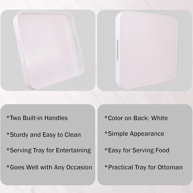 Square White Decorative Serving Tray with Handles, Versatile Ottoman Tray for Coffee Table, Entertaining, Outdoor Patio, Living Room, 13”*13”*1.6”