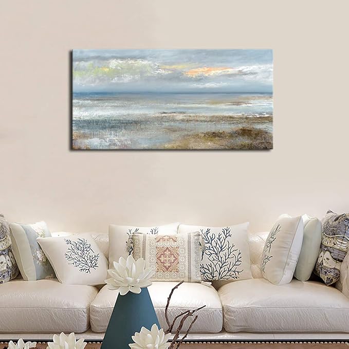 Abstract Wall Art Large Canvas Pictures Modern Blue Ocean Artwork on Canvas Prints Wall Decoration for Living Room Bedroom Bathroom Kitchen Office Home Wall Decor Framed Ready to Hang 29" x 58"