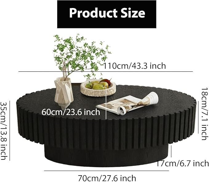 Oval Fluted Coffee Table Mid Century Modern Coffee Tables with Handcrafted Relief Ellipse Drum End Table Rustic Industrial Center Tables for Apartment Living Room (Black Oval)