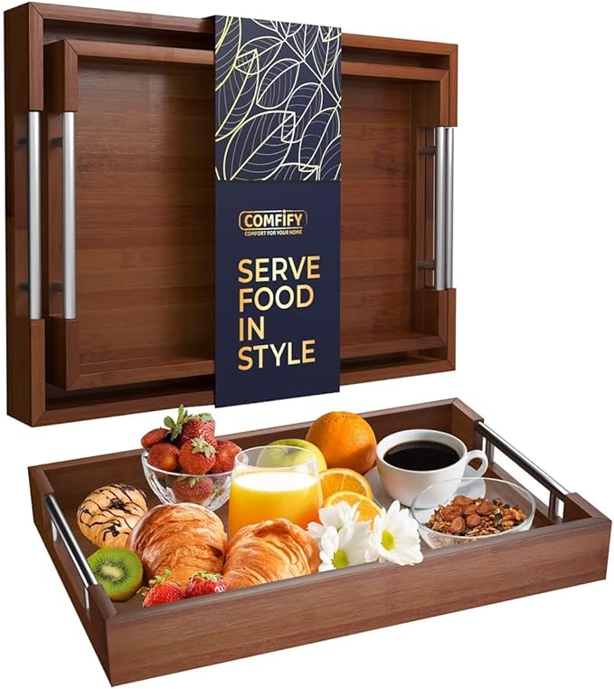 Set of 2 Decorative Serving Trays - Bamboo + Silver Stainless Steel Handles - Coffee Table or Ottoman Tray for Breakfast in Bed Jewelry, Decor Organization - 12"x17" - Stained Brown Finish