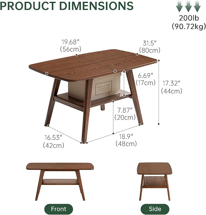 100% Solid Oak Wood Coffee Table for Living Room, 2-Tier Small Table with Storage Shelf, Mid Century Modern Coffee Tables (Walnut, 31.49“ x 22.05” x 17.32“)