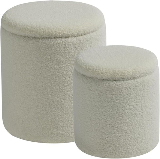 Round Ottoman with Storage Set of 2-Upholstered Sherpa Vanity Stool for Makeup Multifunctional Ottomans Coffee Table Padded Seat Foot Rest for Living Room&Bedroom(Sherpa White)