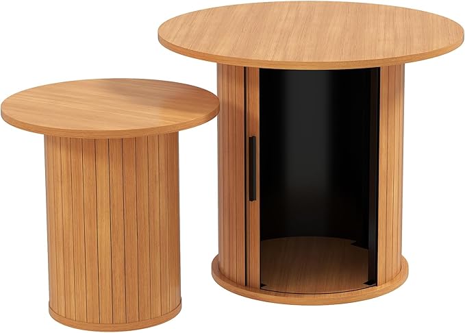 Nesting Coffee Table Set of 2 with Hidden Storage & Sliding Door, Circle Wood Coffee Table, Farmhouse Side & End Table Sets for Living Room, Small Spaces, Natural