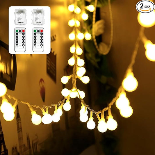 WERTIOO 2 Pack Battery Operated String Lights 33ft 100 LEDs Globe Fairy Lights with Remote Control for Outdoor/Indoor, Tent, Camping, Bedroom,Garden,Christmas Tree[8 Modes,Timer ] (Warm White)