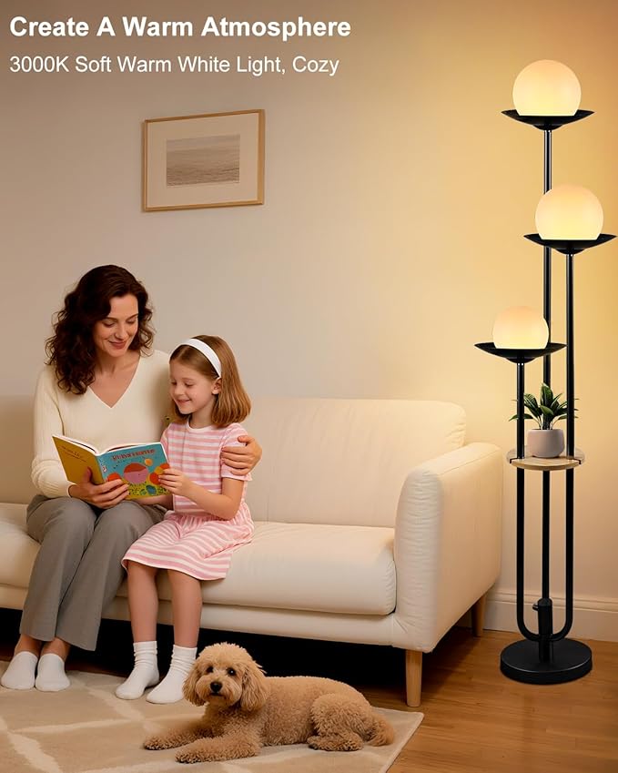 Lightdot 63IN Globe Floor Lamp with Shelf 3-Lights Modern Dimmable Floor Lamps with 3000K Soft Warm White Bulbs for Wedding/Party, Black Tall Standing Lamp for Living Room/Bedroom