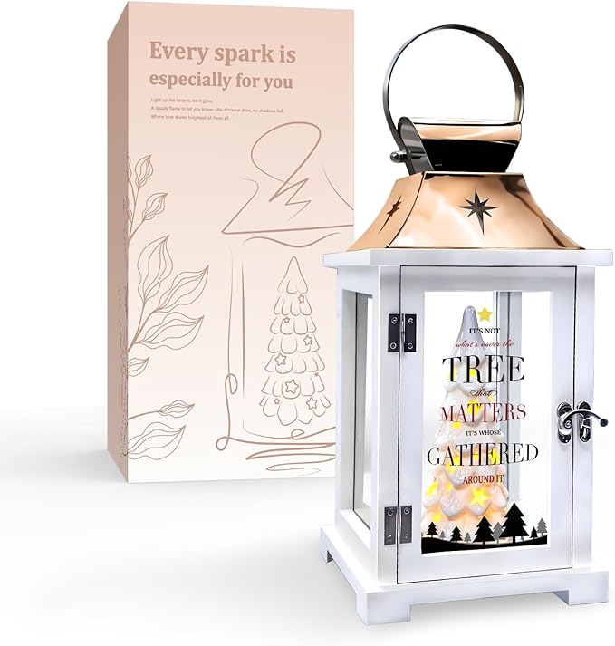 Christmas Candle Lanterns Decorative Indoor- Hanging Candle Lantern with Ceramic Christmas Tree that Light up for Modern Farmhouse Decor, Christmas Lantern for Xmas Table Centerpieces, Home Décor