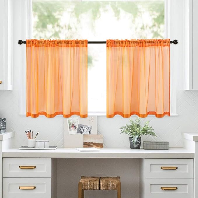 MIULEE Short Sheer Curtains 30 Inch Length for Kitchen Bathroom Cafe Half Window Treatment, Rod Pocket Tier Fall Curtains 2 Panels, 29x30 Inches Long, Orange