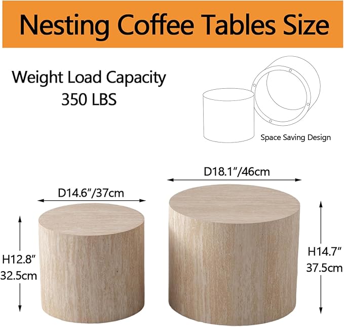 Nesting Coffee Tables Set of 2 Wooden Round Coffee Table Circle Nested Table Modern Coffee Table Round Accent Tables Set for Living Room Bedroom Office (Light Wood Color D18.1+D14.6“)
