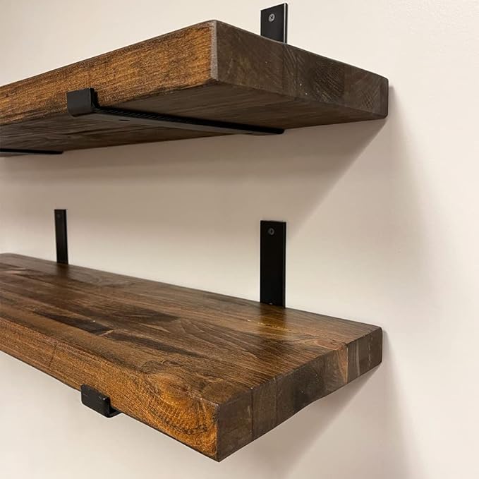 Rustic Shelves with J-Brackets Set of 2, Industrial Shelf, Kitchen Shelves, Solid Wood, Decorative Wall Storage, Heavy Duty, URBANDI (Provincial, 48Wx10D)