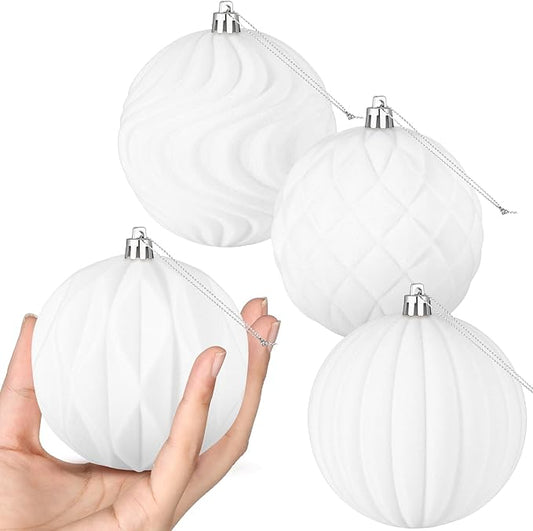 4 Pcs 4 Inch Large Velvet Christmas Ball Ornaments Vintage Christmas Plastic Ball Ornaments Flocked Tree Hanging Decoration for Xmas Party Wedding Home Decor(White)