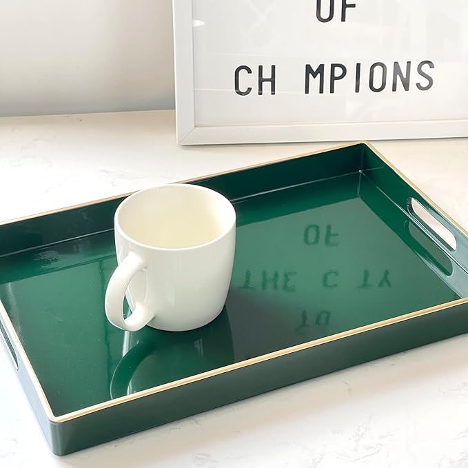 Zosenley Decorative Tray, Rectangular Plastic Tray with Handles, Modern Vanity Tray and Serving Tray for Bathroom, Kitchen, Ottoman and Coffee Table, 15.6” x 10.2”, (Rectangular, Blackish Green)