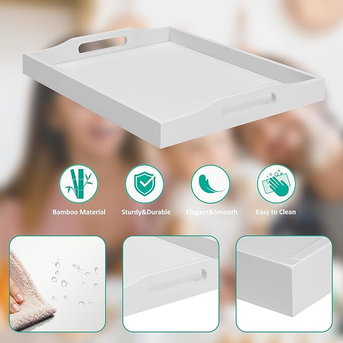 Bamboo Food Serving Tray with Handles, Breakfast Bed Tray for Tea,Snack,Dinner, Home Decorative Storage Food, Platter, Ottoman for Kitchen Counter, Bathroom, Restaurant (White)