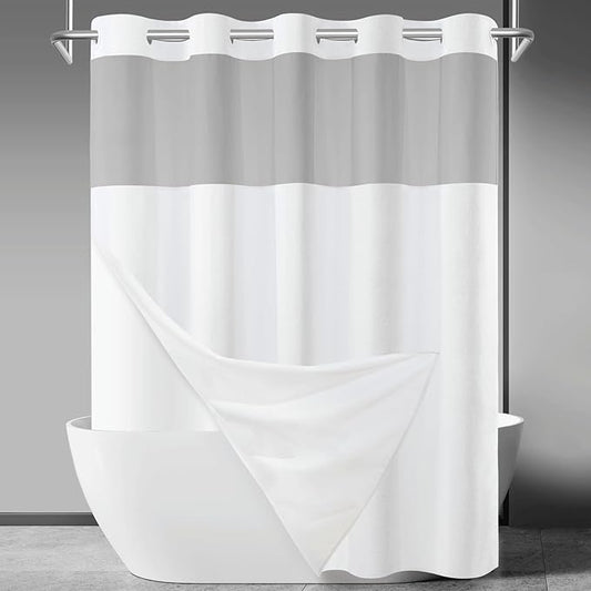 No Hook Slub Textured Shower Curtain with Snap in Liner - White Fabric Outer Curtain & Waterproof Inner Liner, Hotel Style with See Through Top Window, 71x80 in