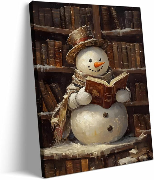 Framed Cute Snowman Reading Book Art posters Christmas Canvas Print Wall Art Christmas Prints Winter Wall Art Snowman Decor Academia Art Holiday Decor 24x36 framed