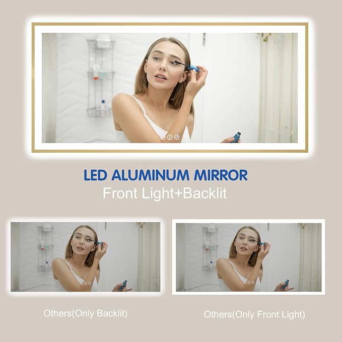 72x36 LED Bthroom Mirror with Gold Metal Frame, Dimmable Lighted Mirror with Backlit and Front-lit,LED Vanity Mirror for Wall, Memory Function, Tempered Glass, Anti-Fog