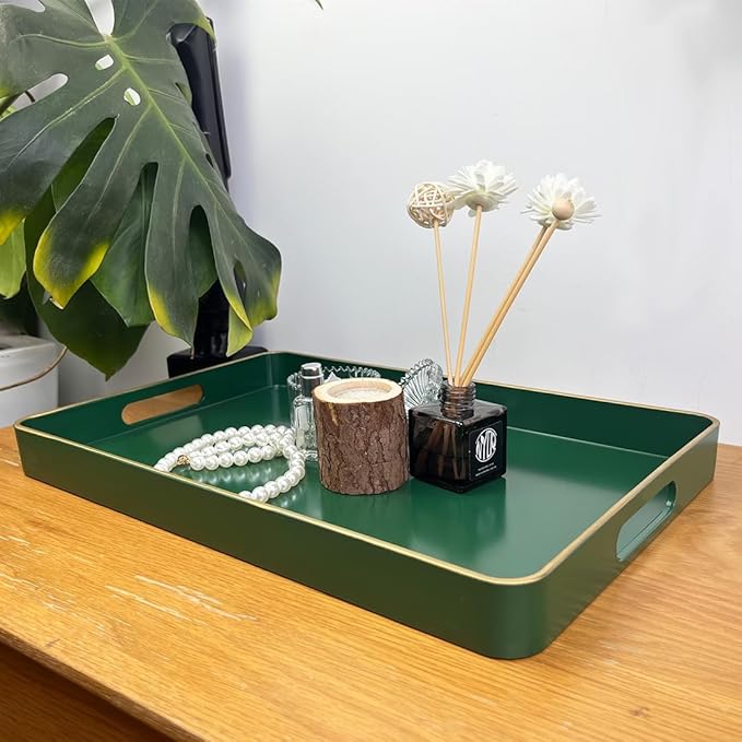 Rectangular Decorative Tray, Plastic Serving Trays with Handles, Coffee Table Tray for Ottoman, Living Room, Kitchen, Home Decor 15.7” x 10.2” x1.37”(Green)