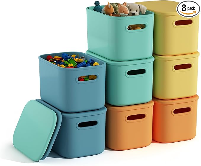 8 Pack Colorful Storage Bins with Lids for Shelves, Classroom Storage Bins, Stackable Colored Bins, Plastic Storage Containers with Lids for Organizing, Storage Boxes for Craft, Art Supplies