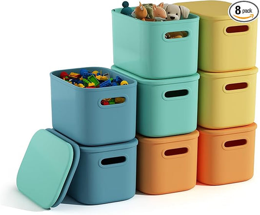8 Pack Colorful Storage Bins with Lids for Shelves, Classroom Storage Bins, Stackable Colored Bins, Plastic Storage Containers with Lids for Organizing, Storage Boxes for Craft, Art Supplies