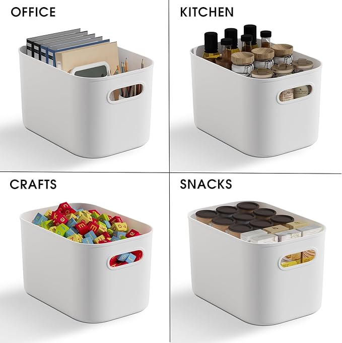 12 Pack White Plastic Storage Bins, Storage Container for Organizing, Storage Boxes with Handle for Shelves, Cute Organizer Bins for Craft, Snacks, Pantry, Cabinet, 9.69x6.7x5.7 inch