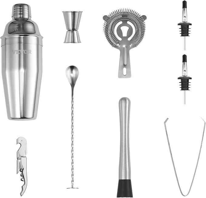 VEVOR Cocktail Shaker Set, 10-Piece Stainless Steel Bar Tools with Bamboo Stand, Martini Bartender Kit Accessories | Mixer Spoon, Muddler, Jigger, Strainer, Liquor Pourers, Ice Tong, Corkscrew, Silver