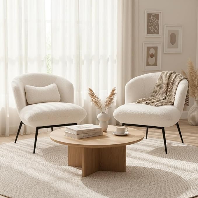LukeAlon Modern Sherpa Accent Chair Upholstered Single Sofa Chair with Pillow & Black Metal Legs, Comfy Vanity Chair for Living Room, Bedroom, Office, White
