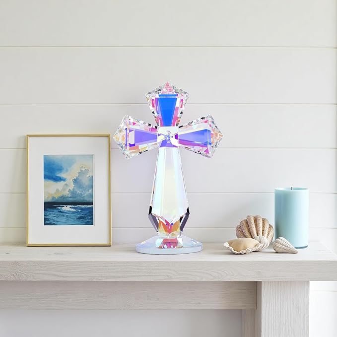 Crystal Standing Cross Decor, Easter Christmas Decoration for Pary，Religious Gifts for Women Men, Handmade Glass Holy Collectible Figurines (Multicolor Crystal Cross)