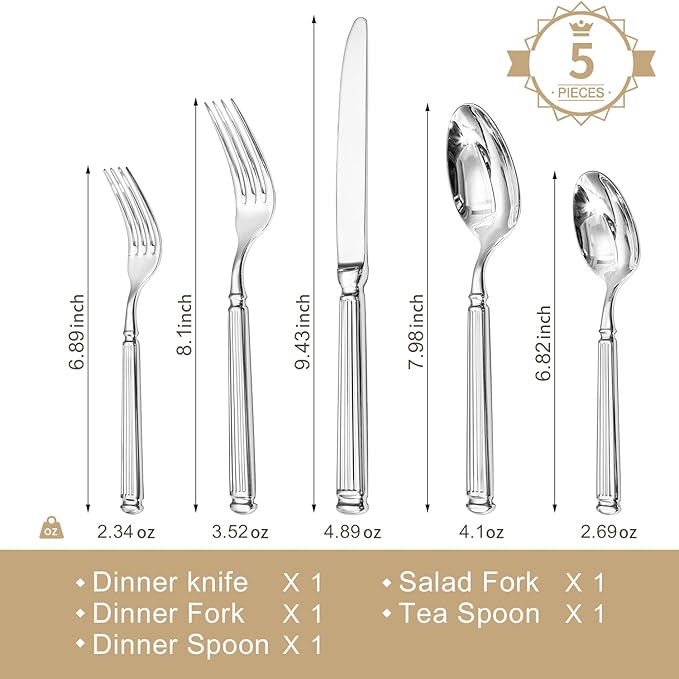 KINGSTONE Silverware Set, 5-Piece 18/10 Stainless Steel Flatware Set - Roman Column Embossed Thick Handle, for Wedding, Home, Restaurant, Kitchen and Party, Mirror Polish & Dishwasher Safe