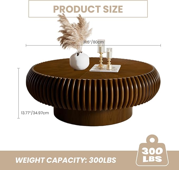 Fluted Drum Coffee Table Round Coffee Table for Living Room Mid Century Modern Coffee Tables with Sturdy Pedestal Circle Center Tea Table Accent Tea Table for Small Space Apartment (31.5" Walnut)