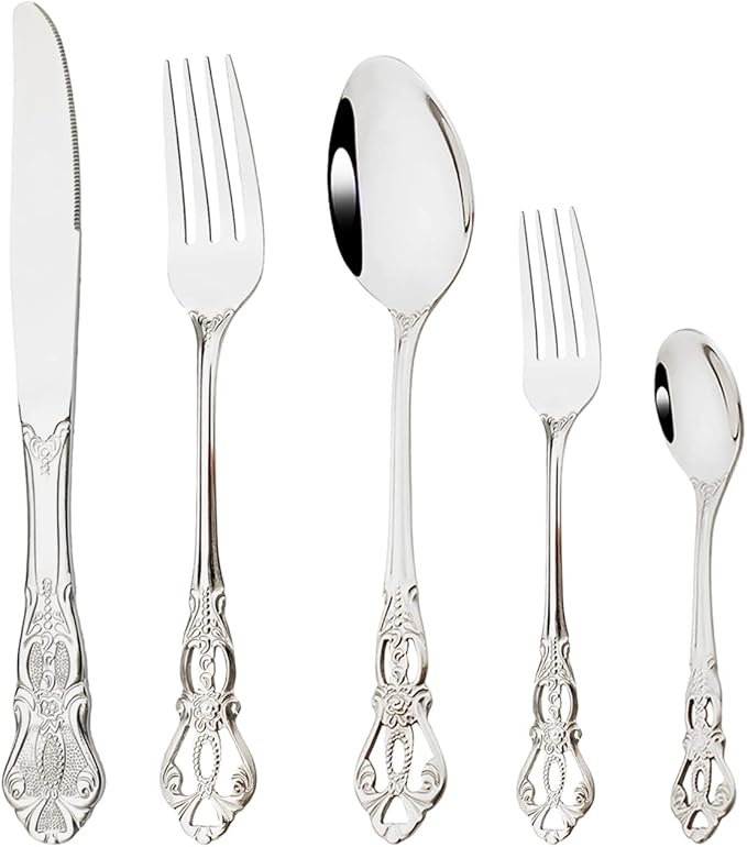 Elegant Silver Silverware Set with Steak Knives 5 Piece Flatware Sets for 1 Tableware Utensils, 18/10 Stainless Steel Cutlery Set Include Knifes Forks Spoons, Mirror Polished Dishwasher Safe