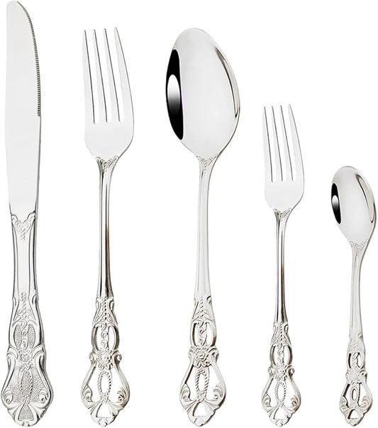 Elegant Silver Silverware Set with Steak Knives 5 Piece Flatware Sets for 1 Tableware Utensils, 18/10 Stainless Steel Cutlery Set Include Knifes Forks Spoons, Mirror Polished Dishwasher Safe