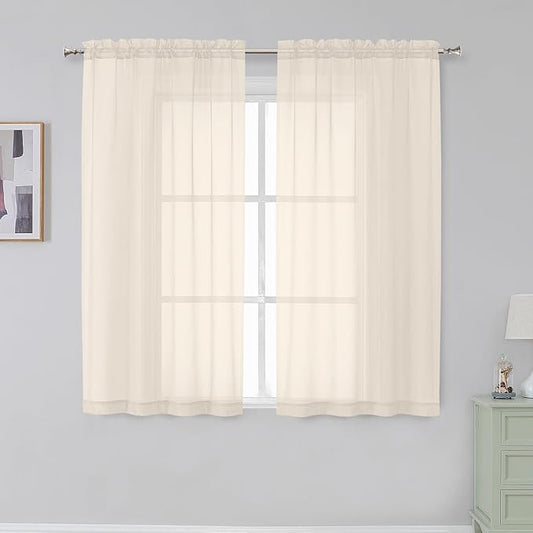 Aiyufeng Cream Sheer Curtains 54 Inch Length 2 Panels Set for Living Room, Light Filtering Green Window Sheers Drapes for Bedroom, Each 42" W x 54" L