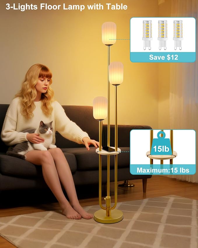 Lightdot Gold Dimmable Floor Lamp with Shelf, Modern Floor Lamps with Oval Striped Lampshade 3000K Soft Warm White 3-Lights Candle Holder Style Tall Lamp for Living Room/Bedroom