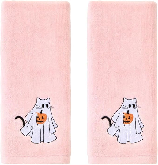 SKL Home Halloween Ghost Cat 100% Cotton Embroidered 2pc Hand Towel Set, Decorative for Bath/Kitchen/Bar & Gift, Pink