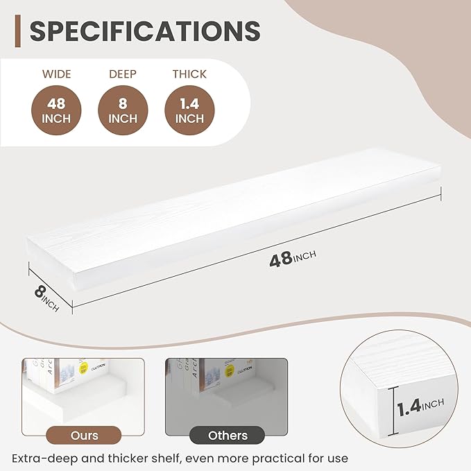 48 Inch Floating Shelves, 8 Inch Deep Floating Shelves for Wall, Hanging Shelf with Invisible Brackets, Deep Shelves for Bathroom, Bedroom, Living Room, White, Set of 1