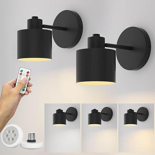 Tipace Vintage Battery Operated Wall Sconces,Cordless Battery Powered LED Wall Lights Set of 2,Wall Lamp Fixture Black 360°Rotate with Remote Control for Bedroom Farmhouse Gallery