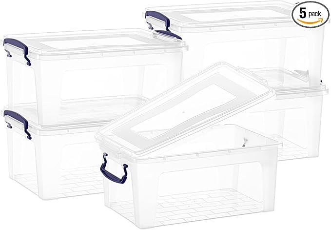 Superio Clear Storage Boxes with Lids, 28.5 Quart BPA Free Plastic Containers, Bins for Organizing, Stackable Crates, Organizer Totes for Home, Office, School, and Dorm, 5 Pack