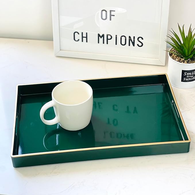 Zosenley Decorative Tray, Rectangular Plastic Tray with Handles, Modern Vanity Tray and Serving Tray for Bathroom, Kitchen, Ottoman and Coffee Table, 15.6” x 10.2”, (Rectangular, Blackish Green)